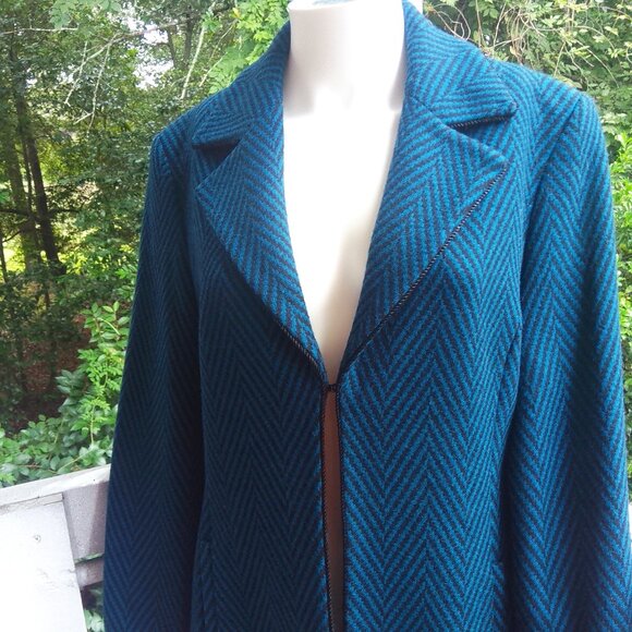 Wool Chevron Longline Trench Duster Blazer Jacket Women Blue Valerie Stevens 8 - Picture 4 of 11